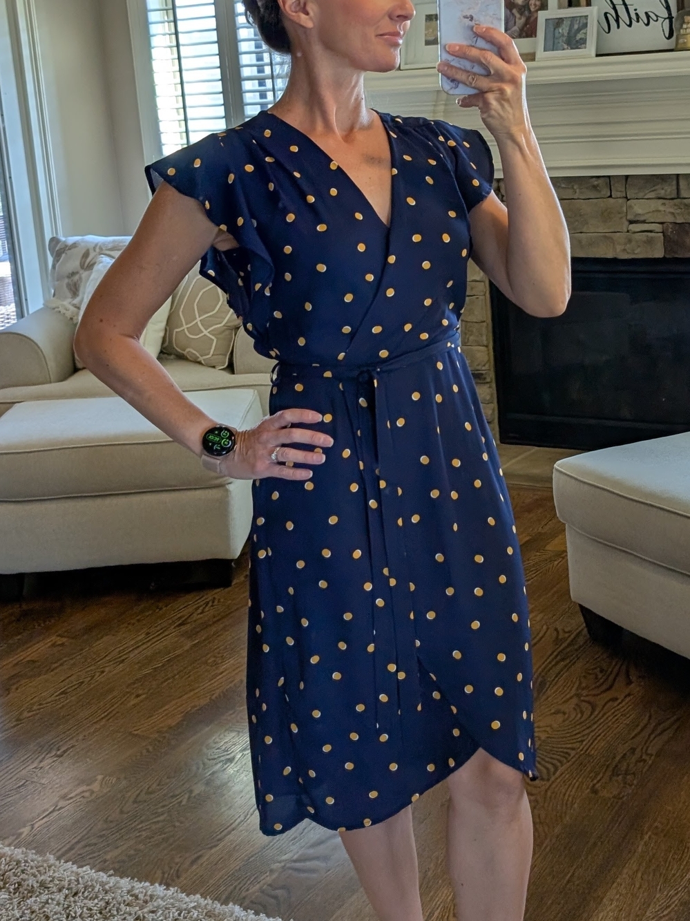 Monteau Navy Dress with Gold Polka Dots